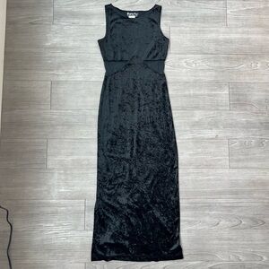 Vintage 90s Black Crushed Velvet Mesh Cutout Maxi Dress “All That Jazz” Size S